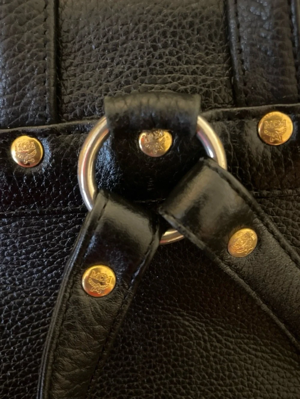MCM Black Leather Logo Accent Backpack with Gold Plaque